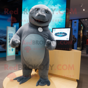 Gray Stellar'S Sea Cow mascot costume character dressed with a Bodysuit and Bracelet watches