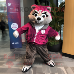 Magenta Raccoon mascot costume character dressed with a Windbreaker and Cufflinks