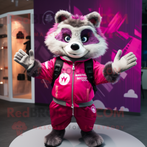Magenta Raccoon mascot costume character dressed with a Windbreaker and Cufflinks