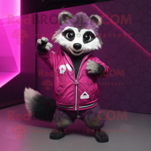 Magenta Raccoon mascot costume character dressed with a Windbreaker and Cufflinks