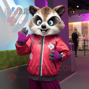 Magenta Raccoon mascot costume character dressed with a Windbreaker and Cufflinks