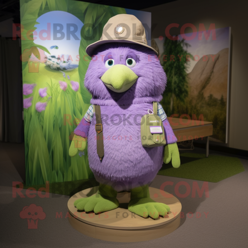 Lavender Kiwi mascot costume character dressed with a Shorts and Brooches