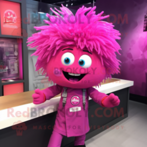 Magenta Pho mascot costume character dressed with a Dress Shirt and Hair clips