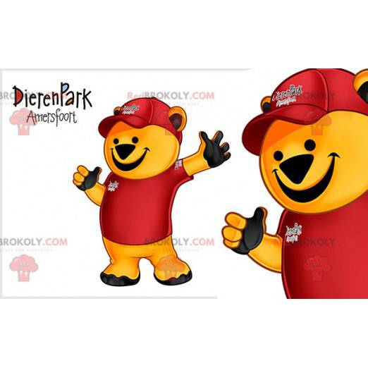 Gul bjørnemaskot klædt i et rødt tøj - Redbrokoly.com