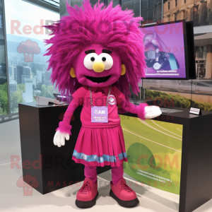 Magenta Pho mascot costume character dressed with a Dress Shirt and Hair clips