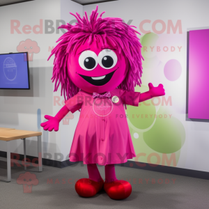 Magenta Pho mascot costume character dressed with a Dress Shirt and Hair clips