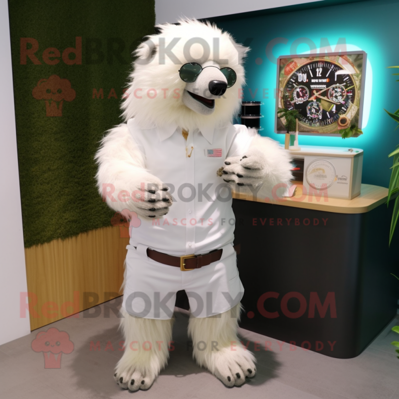 Cream Sloth Bear mascot costume character dressed with a Capri Pants and Bracelet watches