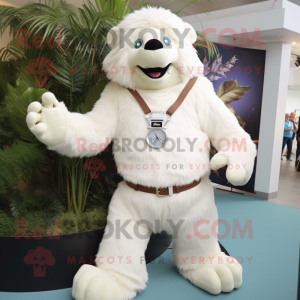 Cream Sloth Bear mascot costume character dressed with a Capri Pants and Bracelet watches