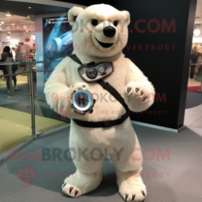 Cream Sloth Bear mascot costume character dressed with a Capri Pants and Bracelet watches