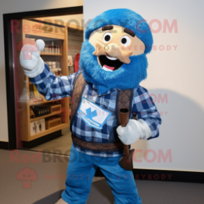 Blue Knife Thrower mascot costume character dressed with a Flannel Shirt and Scarves