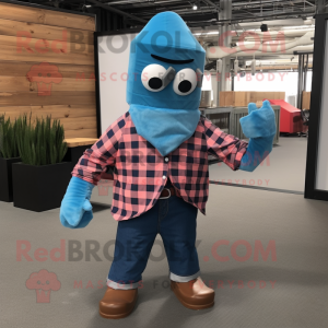 Blue Knife Thrower mascot costume character dressed with a Flannel Shirt and Scarves