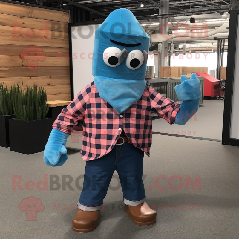 Blue Knife Thrower mascot costume character dressed with a Flannel Shirt and Scarves Blue Knife Thrower mascot costume character dressed with a Flannel Shirt and Scarves