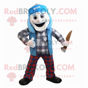 Blue Knife Thrower mascot costume character dressed with a Flannel Shirt and Scarves