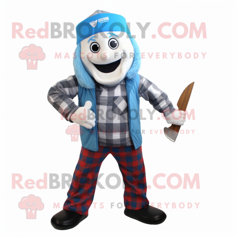 Blue Knife Thrower mascot costume character dressed with a Flannel Shirt and Scarves Blue Knife Thrower mascot costume character dressed with a Flannel Shirt and Scarves