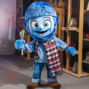Blue Knife Thrower mascot costume character dressed with a Flannel Shirt and Scarves