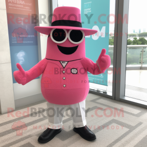 Pink Attorney mascot costume character dressed with a Bermuda Shorts and Hat pins