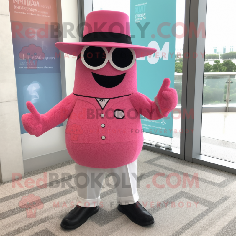 Pink Attorney mascot costume character dressed with a Bermuda Shorts and Hat pins Pink Attorney mascot costume character dressed with a Bermuda Shorts and Hat pins