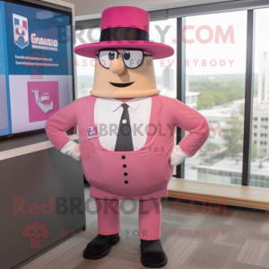 Pink Attorney mascot costume character dressed with a Bermuda Shorts and Hat pins