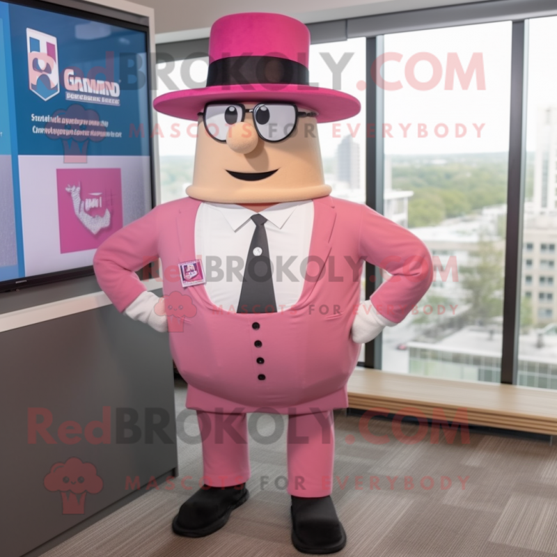 Pink Attorney mascot costume character dressed with a Bermuda Shorts and Hat pins Pink Attorney mascot costume character dressed with a Bermuda Shorts and Hat pins