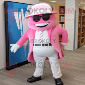 Pink Attorney mascot costume character dressed with a Bermuda Shorts and Hat pins