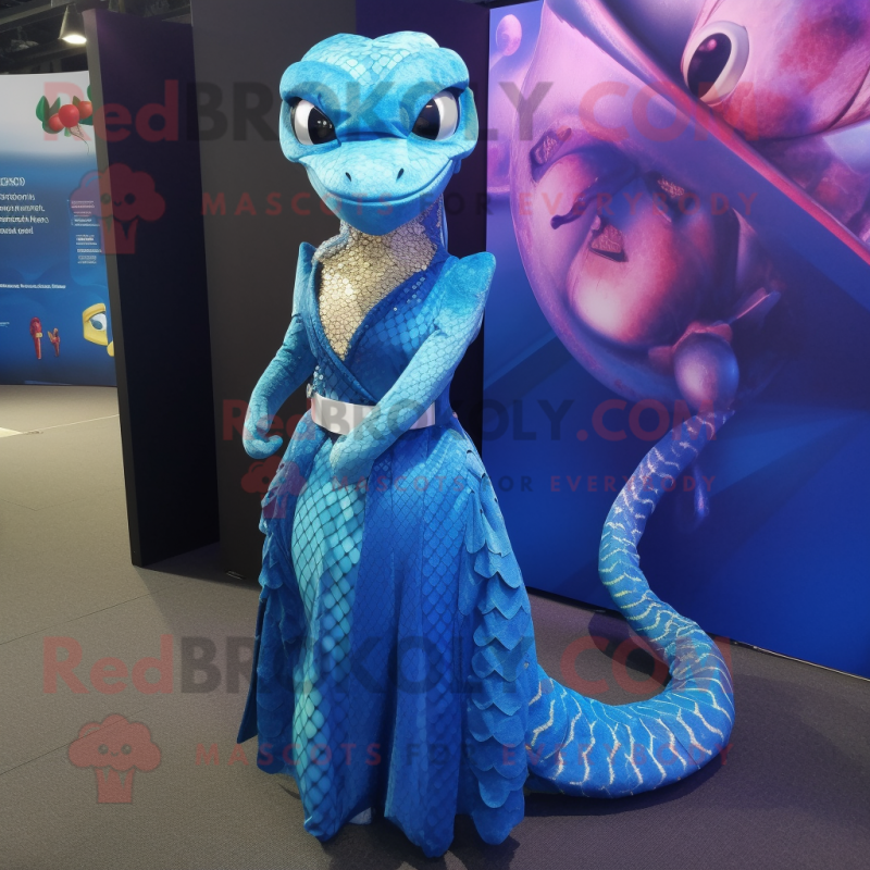 Blue Python mascot costume character dressed with a Cocktail Dress and Hair clips Blue Python mascot costume character dressed with a Cocktail Dress and Hair clips