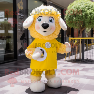 Lemon Yellow Sheep mascot costume character dressed with a Polo Tee and Hairpins