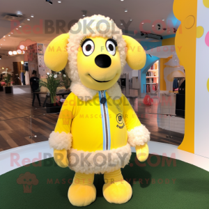 Lemon Yellow Sheep mascot costume character dressed with a Polo Tee and Hairpins