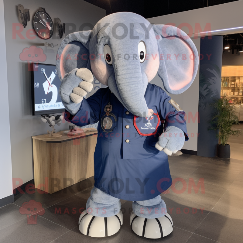 Navy Elephant mascot costume character dressed with a Midi Dress and Digital watches