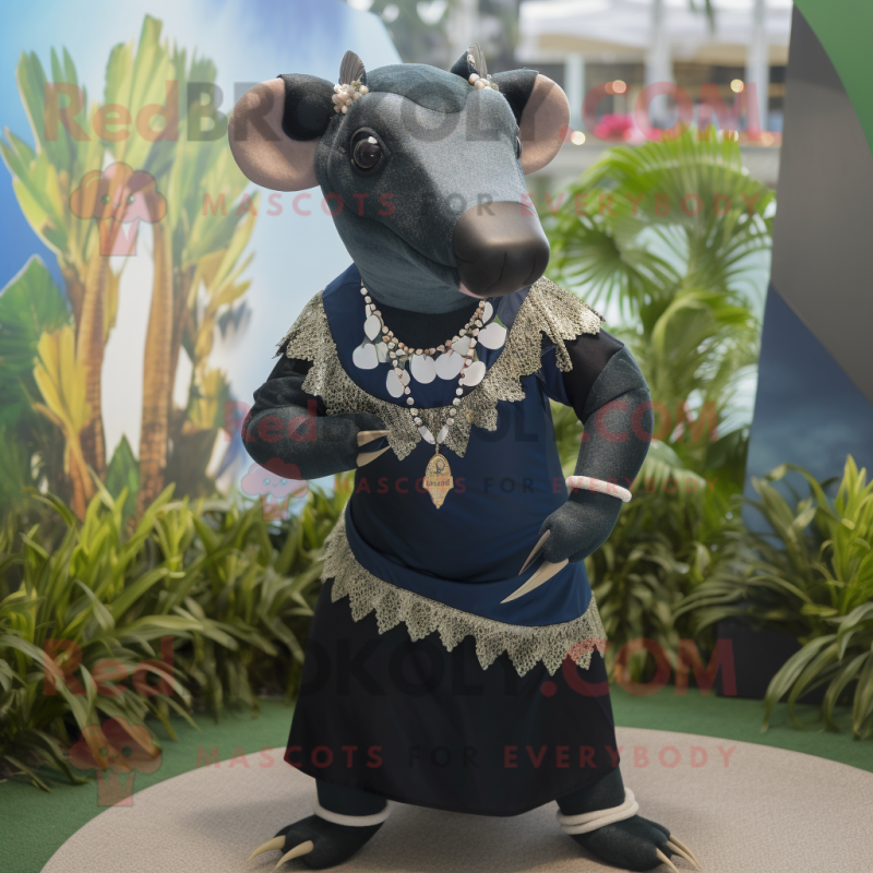 Navy Tapir mascot costume character dressed with a Mini Dress and Necklaces