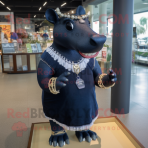 Navy Tapir mascot costume character dressed with a Mini Dress and Necklaces