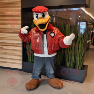 Red Goose mascot costume character dressed with a Moto Jacket and Belts