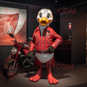 Red Goose mascot costume character dressed with a Moto Jacket and Belts