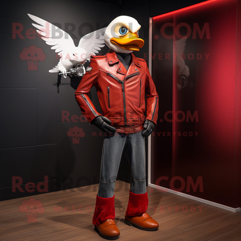 Red Goose mascot costume character dressed with a Moto Jacket and Belts