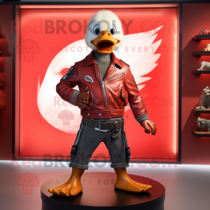 Red Goose mascot costume character dressed with a Moto Jacket and Belts