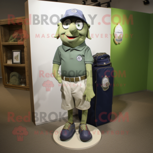 Olive Golf Bag mascot costume character dressed with a Denim Shorts and Cufflinks