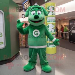 Green Guinness mascot costume character dressed with a Jumpsuit and Anklets