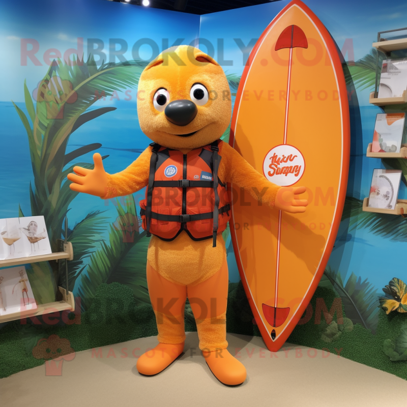 Orange Surfboard mascot costume character dressed with a Henley Shirt and Backpacks Orange Surfboard mascot costume character dressed with a Henley Shirt and Backpacks