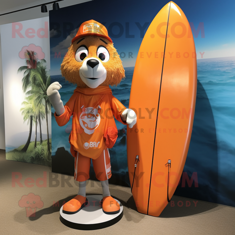 Orange Surfboard mascot costume character dressed with a Henley Shirt and Backpacks Orange Surfboard mascot costume character dressed with a Henley Shirt and Backpacks