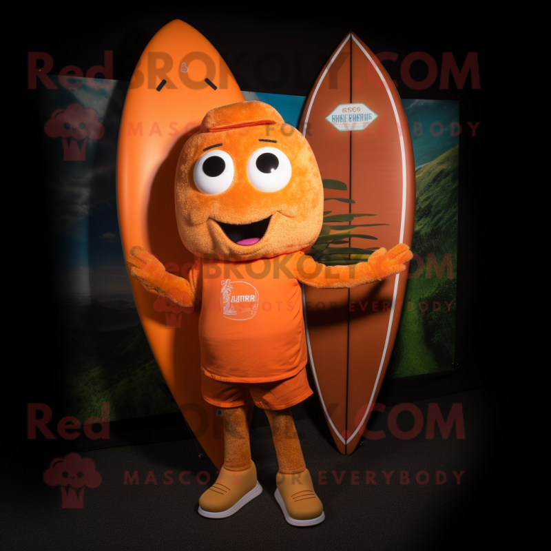 Orange Surfboard mascot costume character dressed with a Henley Shirt and Backpacks Orange Surfboard mascot costume character dressed with a Henley Shirt and Backpacks