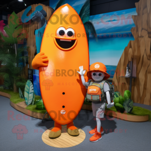 Orange Surfboard mascot costume character dressed with a Henley Shirt and Backpacks