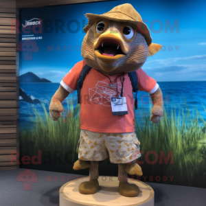 Gold Salmon mascot costume character dressed with a Board Shorts and Necklaces