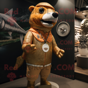 Gold Salmon mascot costume character dressed with a Board Shorts and Necklaces