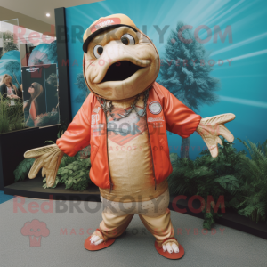 Gold Salmon mascot costume character dressed with a Board Shorts and Necklaces