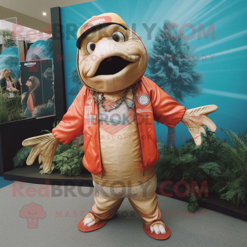 Gold Salmon mascot costume character dressed with a Board Shorts and Necklaces Gold Salmon mascot costume character dressed with a Board Shorts and Necklaces