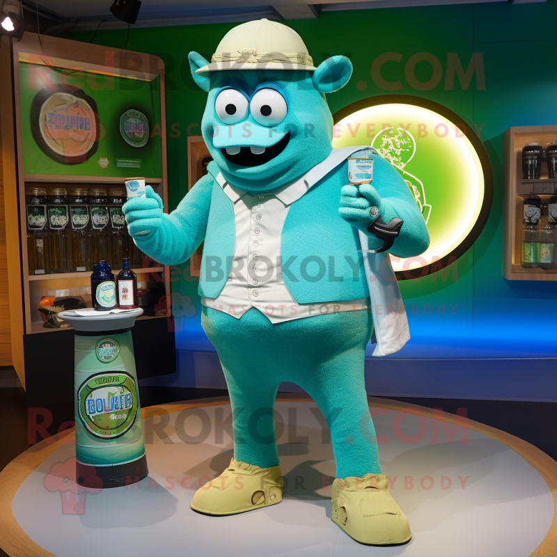 Cyan Green Beer mascot costume character dressed with a Oxford Shirt and Rings Cyan Green Beer mascot costume character dressed with a Oxford Shirt and Rings