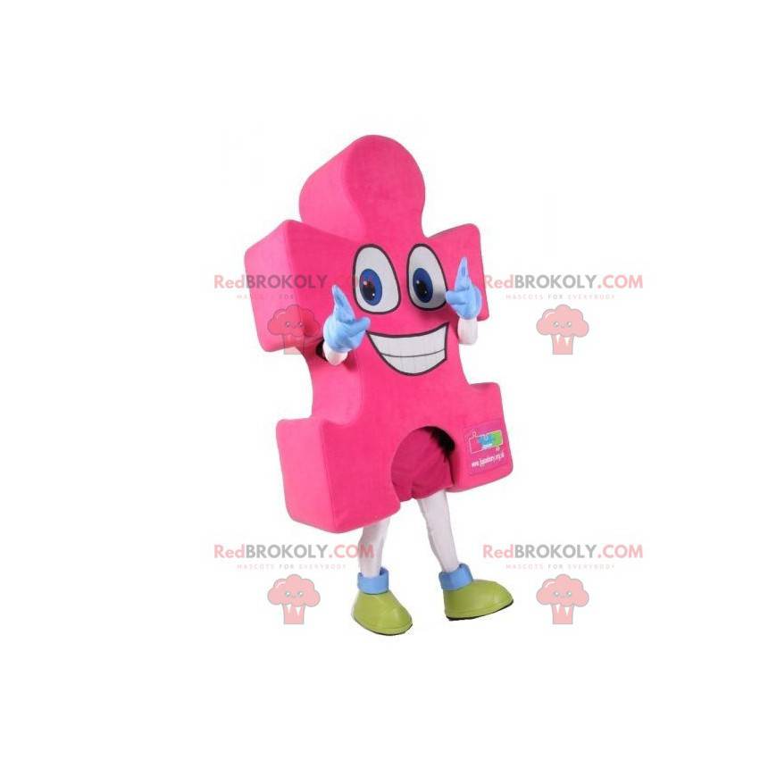 Mascota de pieza de rompecabezas rosa gigante. Traje de