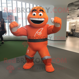Orange Bracelet mascot costume character dressed with a Rash Guard and Foot pads