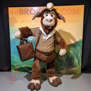 Brown Boer Goat mascot costume character dressed with a Cargo Shorts and Clutch bags