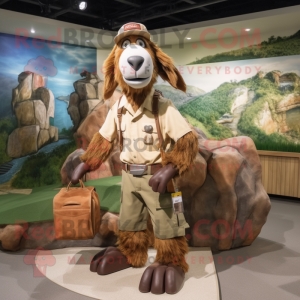 Brown Boer Goat mascot costume character dressed with a Cargo Shorts and Clutch bags