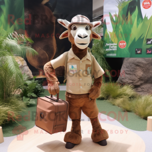 Brown Boer Goat mascot costume character dressed with a Cargo Shorts and Clutch bags